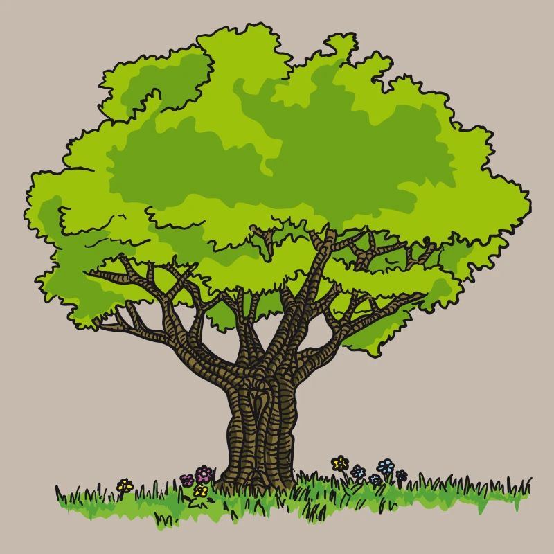 Tree drawing meadow and flowers