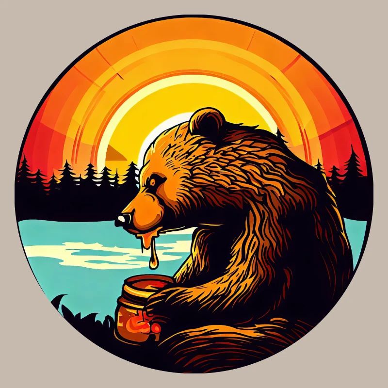 Bear eats honey at sunset