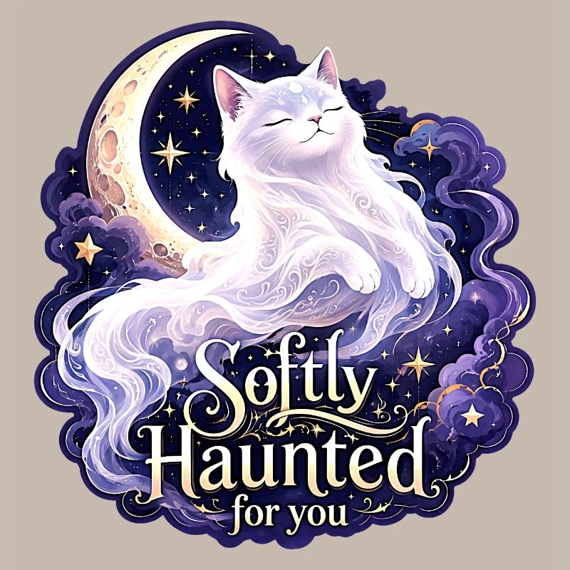 Softly Haunted White Moon Cat Gothic Celestial