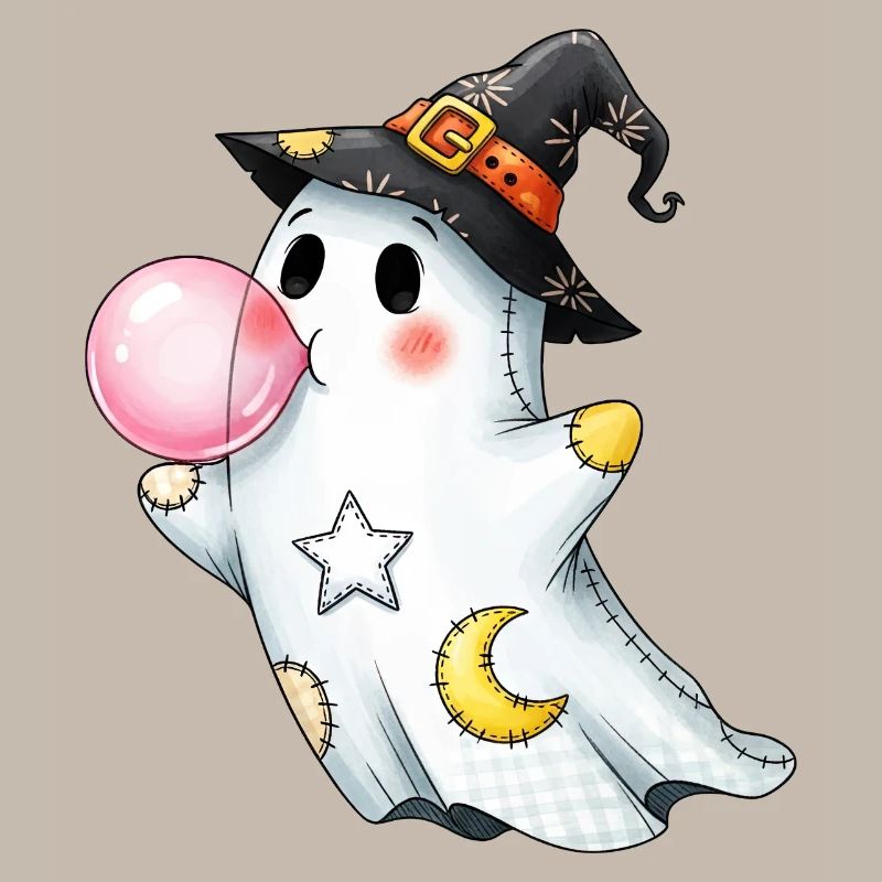 Patchwork cartoon ghost with bubble gum bubble