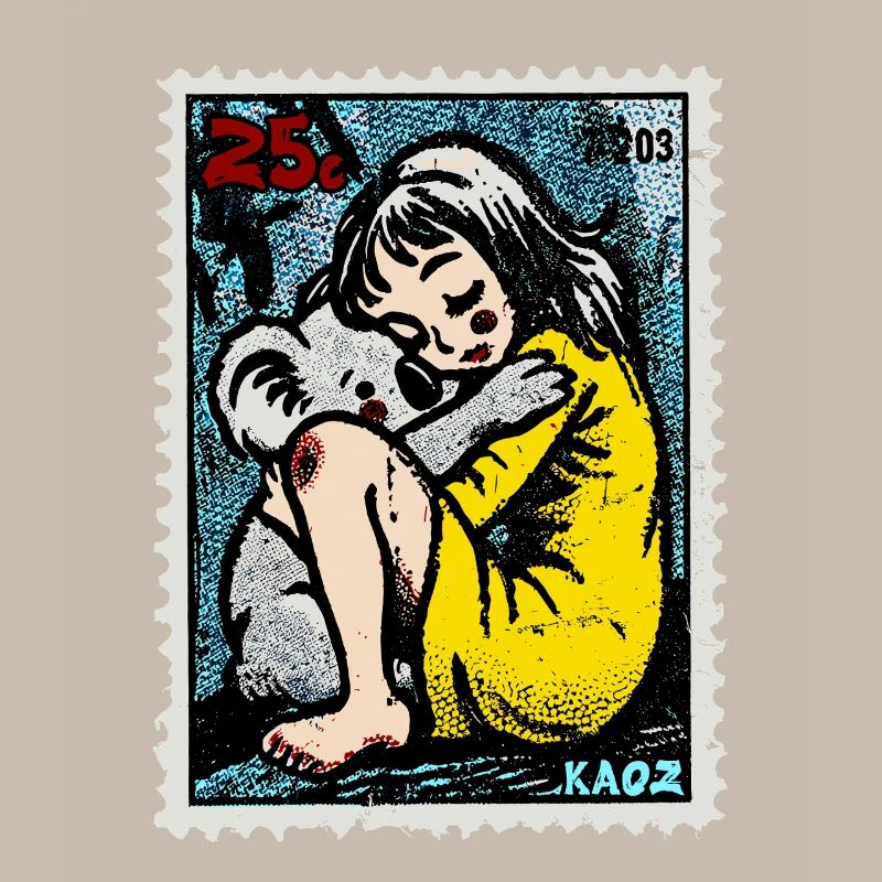 Fille avec un koala sur un timbre-poste