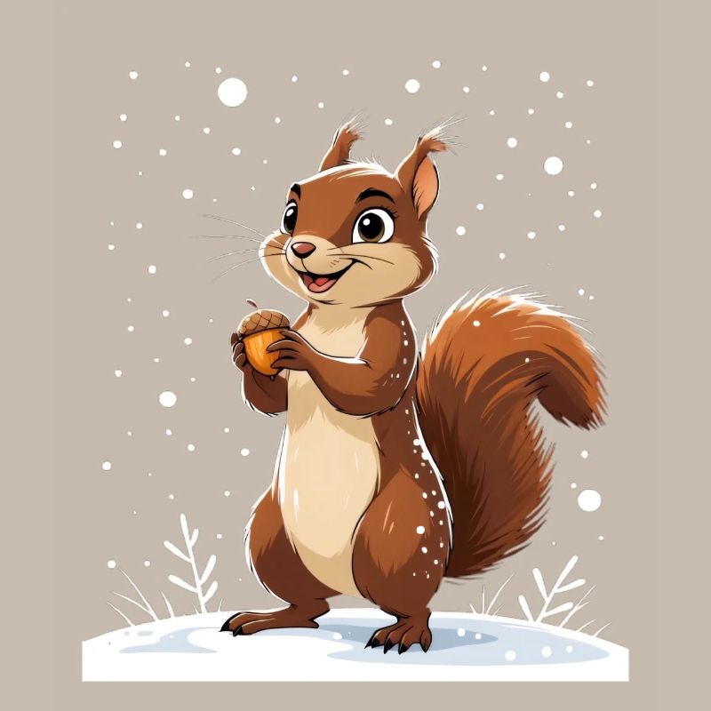 Winterliches Eichhörnchen mit Eichel