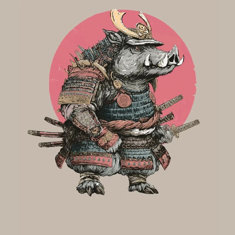 Boar Samurai in Armor with Pink Crest
