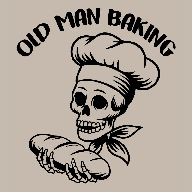 Funny Baker Skull with Bread. Old man bakes