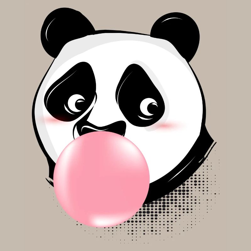 Panda makes bubble gum bubble with pink gum