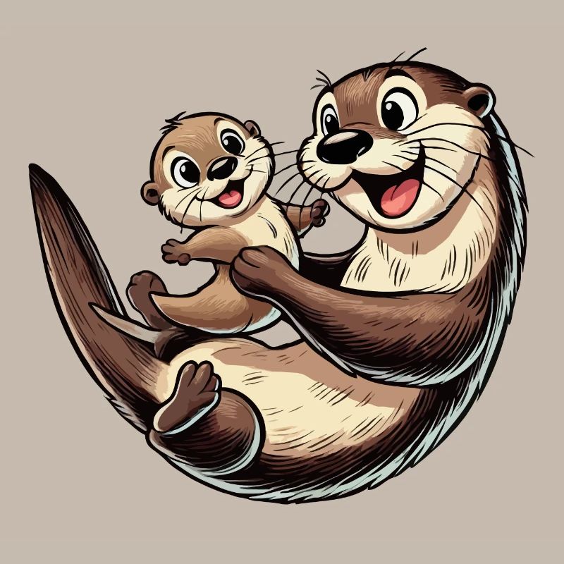 Fischotter-Mutter mit herumtollendem Kind
