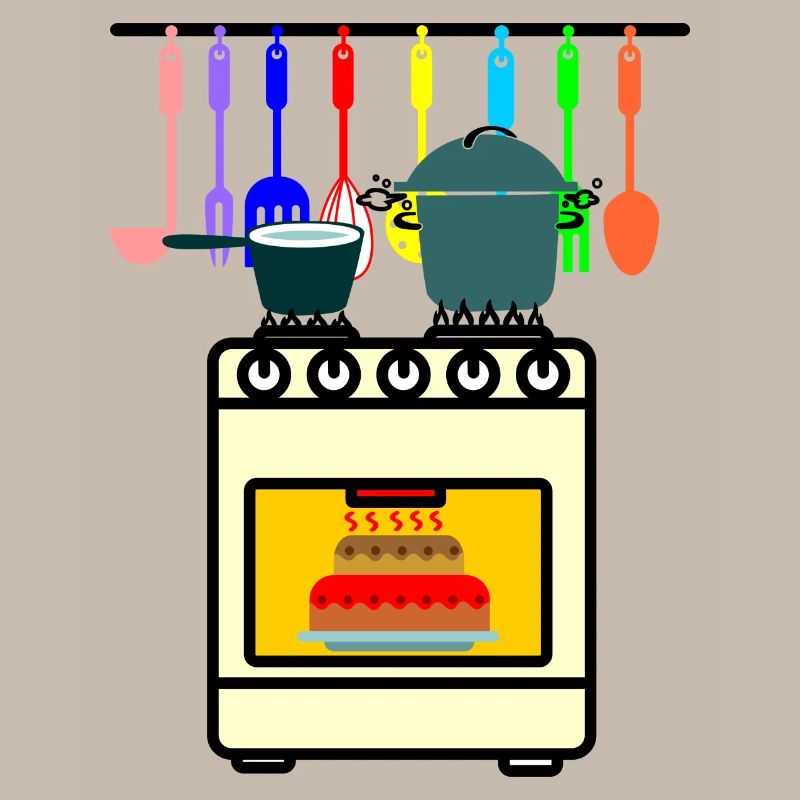 Kitchen utensils with oven pans on fire and cake
