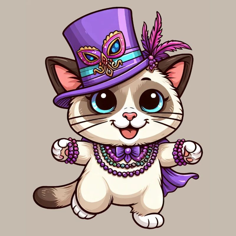 Siamese Cat Mardi Gras Comic Cute
