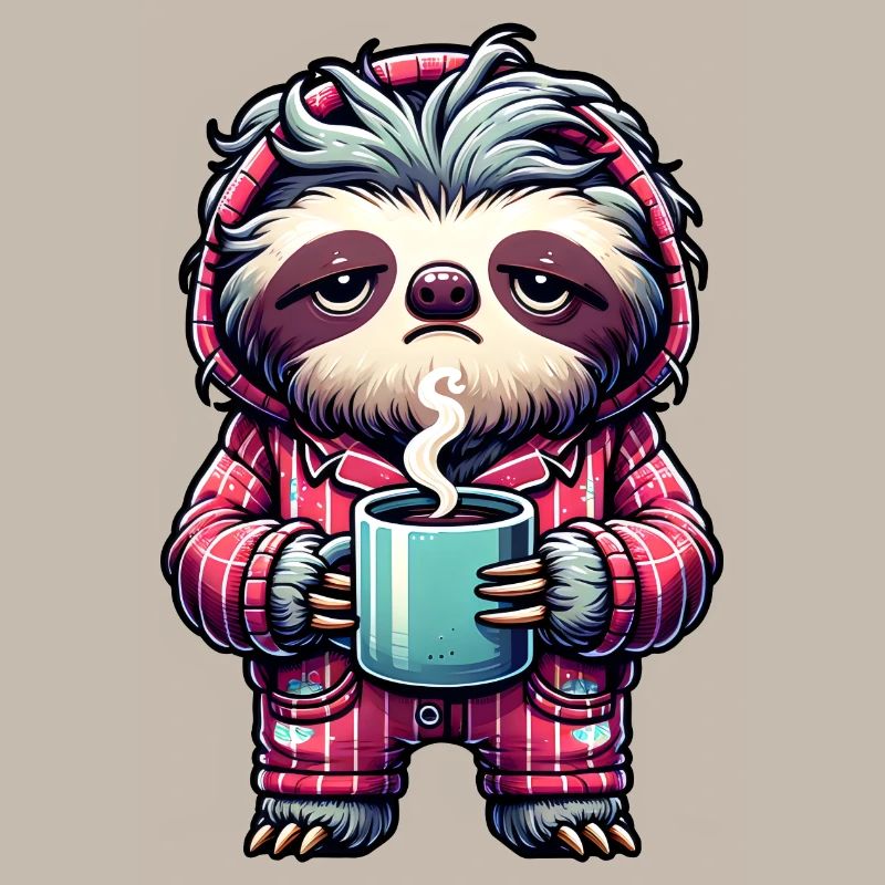 Faultier im Pyjama mit einer Tasse Kaffee
