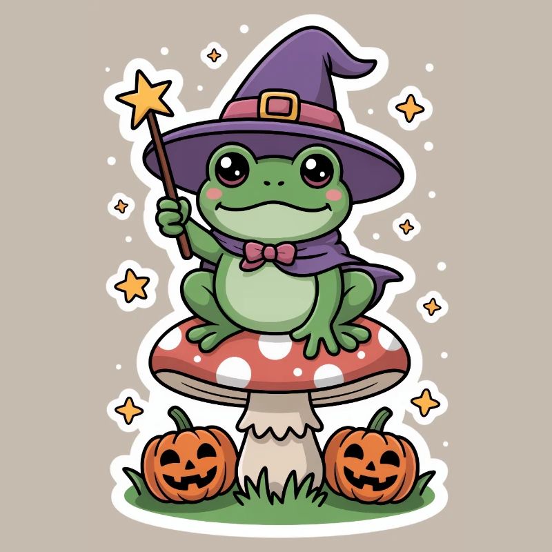 Halloween witch frog on fly agaric with pumpkin