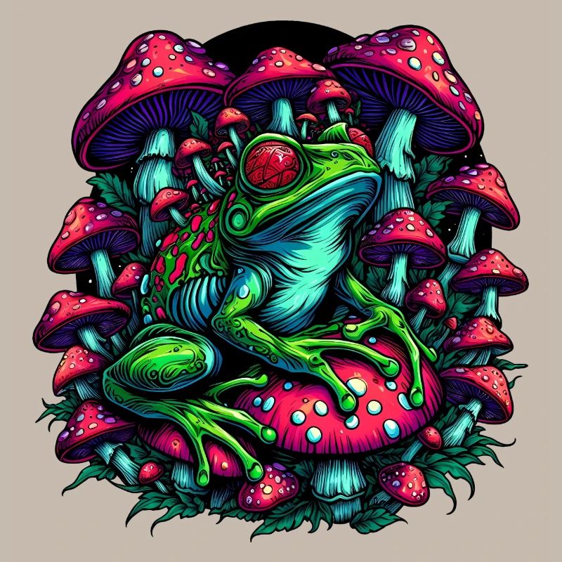 Psychedelic frog with mushrooms