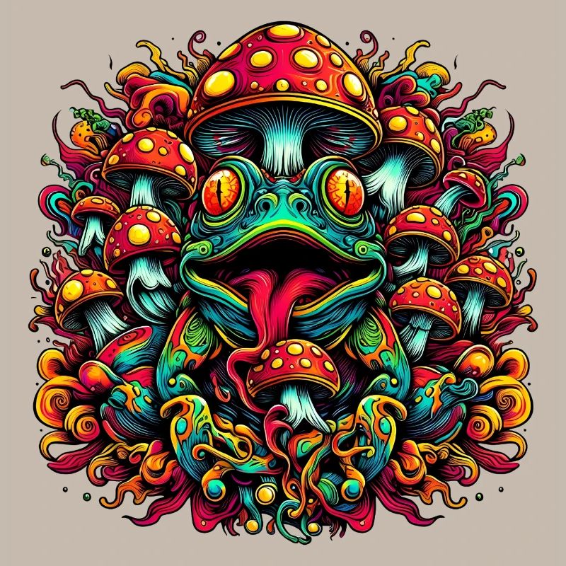 Psychedelic frog with mushrooms