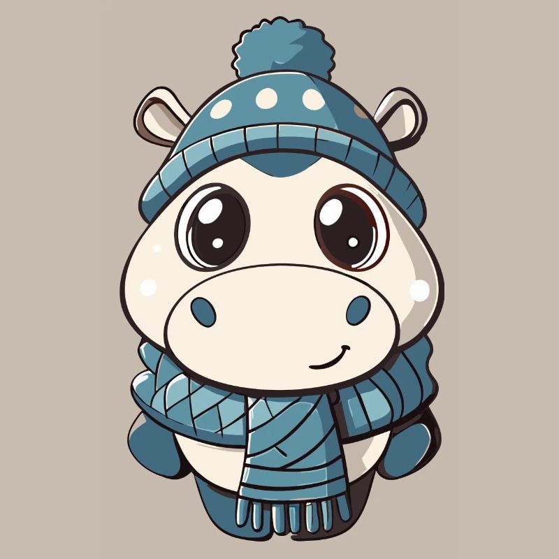 Hippopotame mignon avec écharpe et chapeau à pompon.