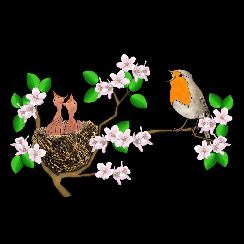 Rotkehlchen, Nest, Kirschblüten