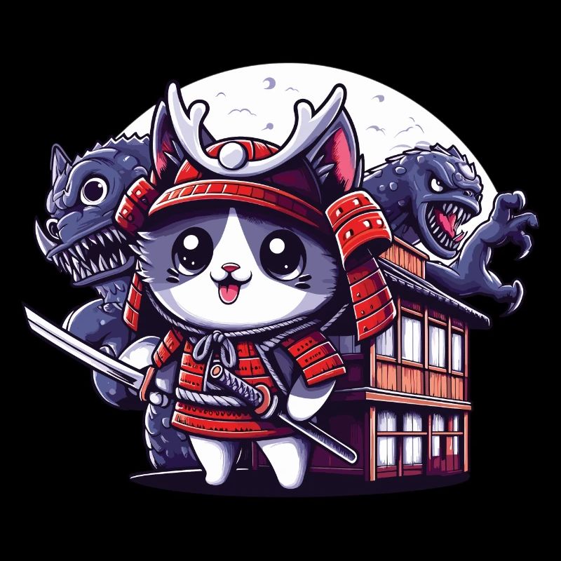 Samurai-Ninja-Katze hinter Monster und Dojo