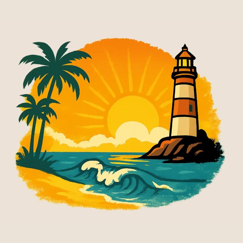 Sunset with lighthouse on tropical beach