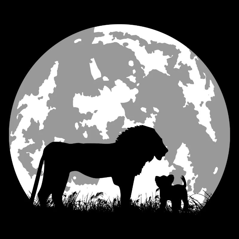 lion et son lionceau devant pleine lune - nature