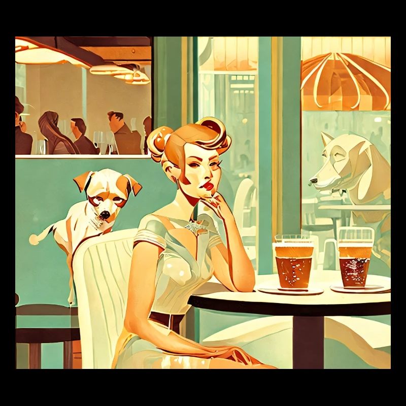 Frau im Cafe mit Hund vintage