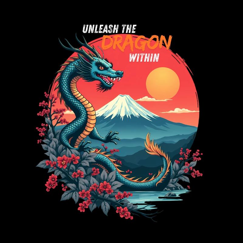 Japanischer Drache am Mount Fuji mit Kirschblüten