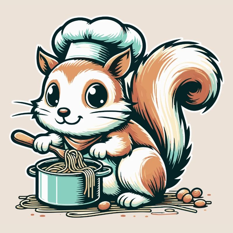 Mignon écureuil de dessin animé cuisinant des spaghettis