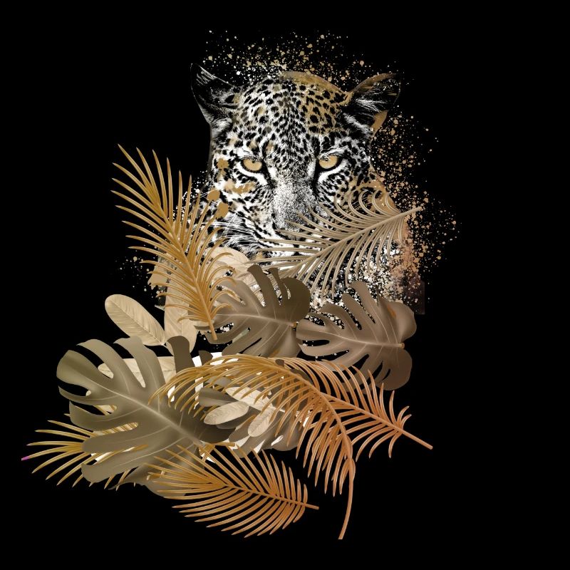 léopard, chat, chat sauvage, peinture, feuilles, or