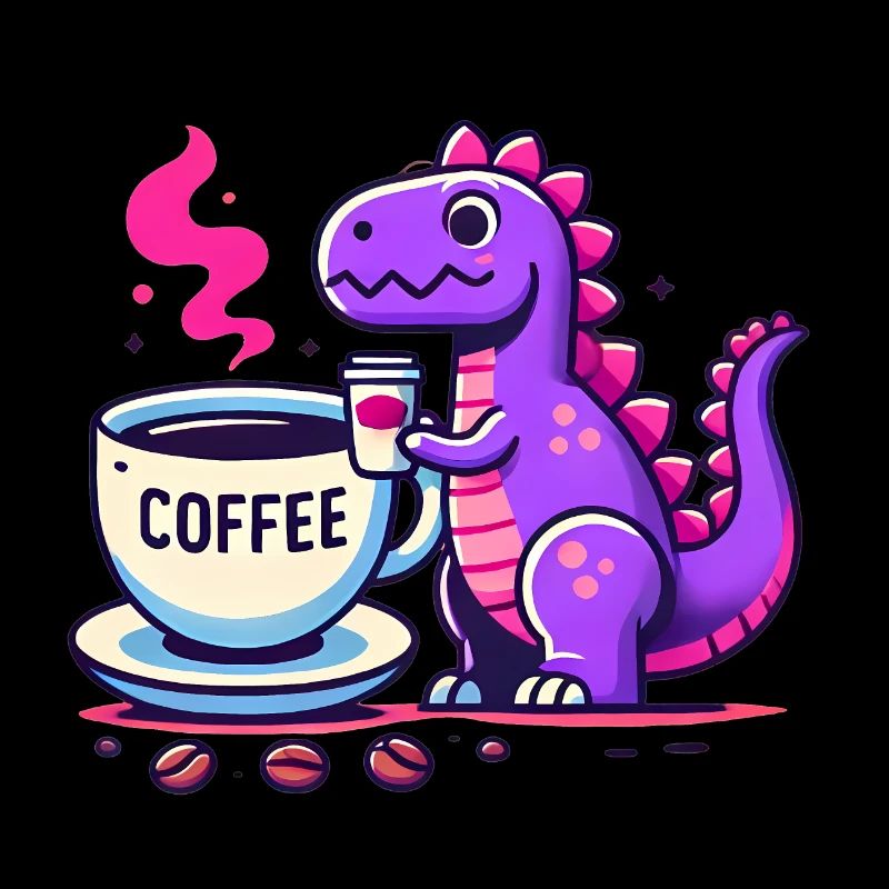 Purple Dino dégustant un café