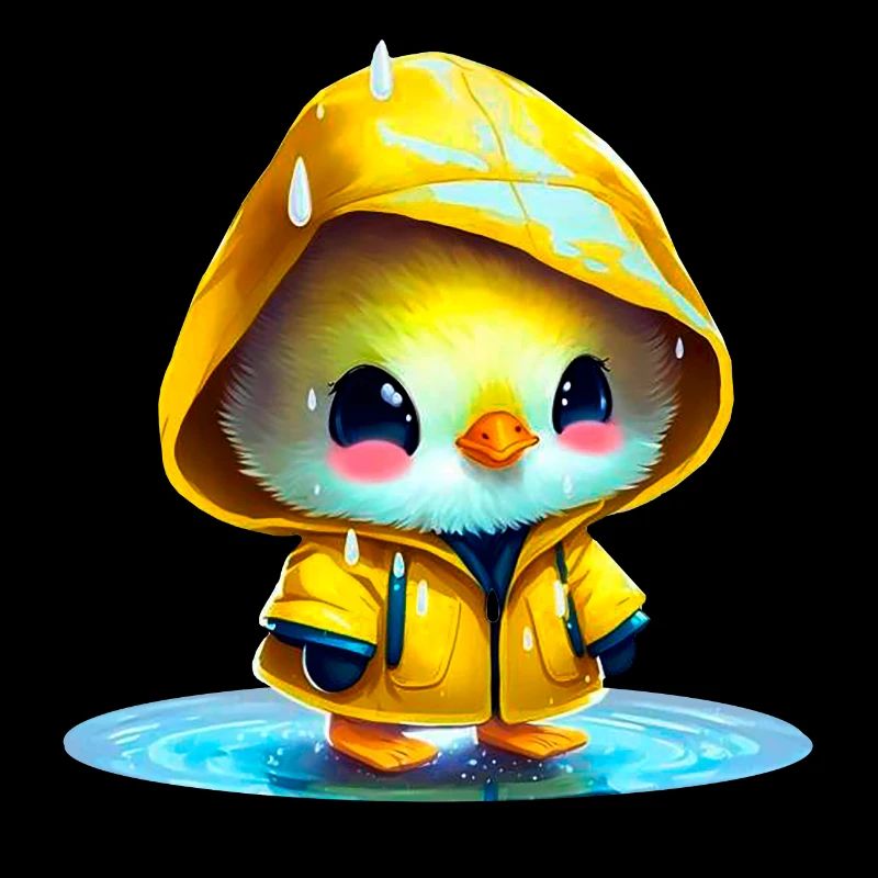 Raincoat wearing chick in puddle