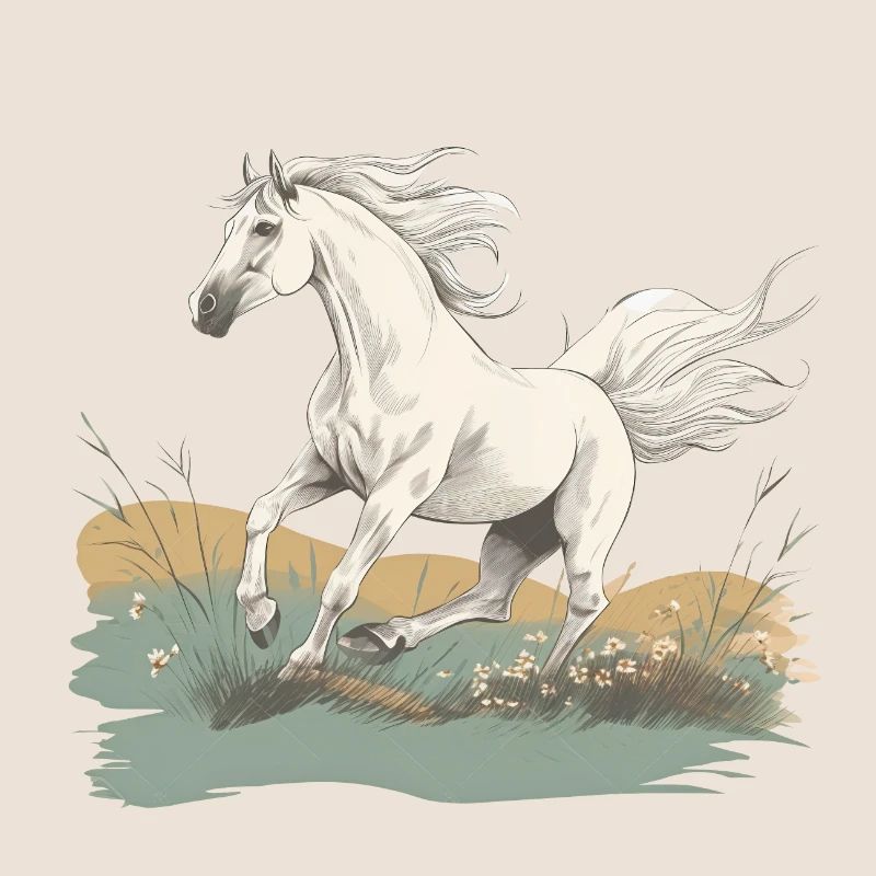 Cheval blanc style peinture réaliste dans un pré