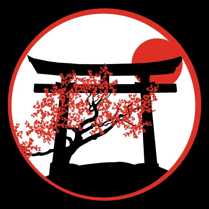 Serene Sunset: Torii Gate and Cherry Tree