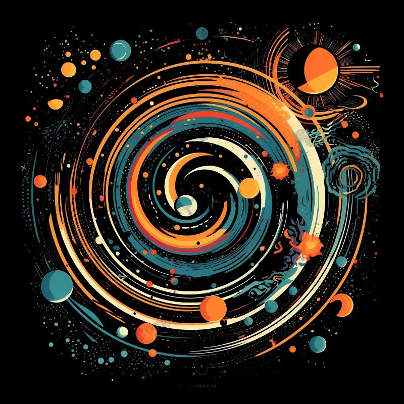 Tourbillon rétro de planète spatiale en orange et turquoise
