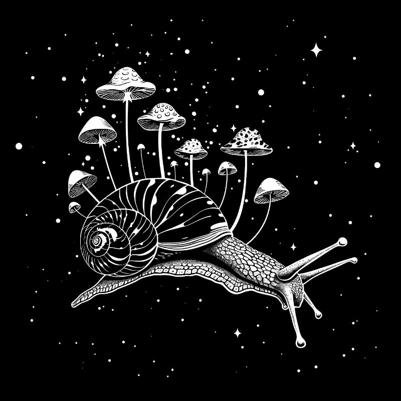 Escargot surréaliste avec des champignons dans l’espace