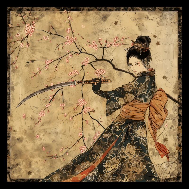 Japonais, Samouraï, Cerisier en fleurs, Art, Ukiyo-E, s