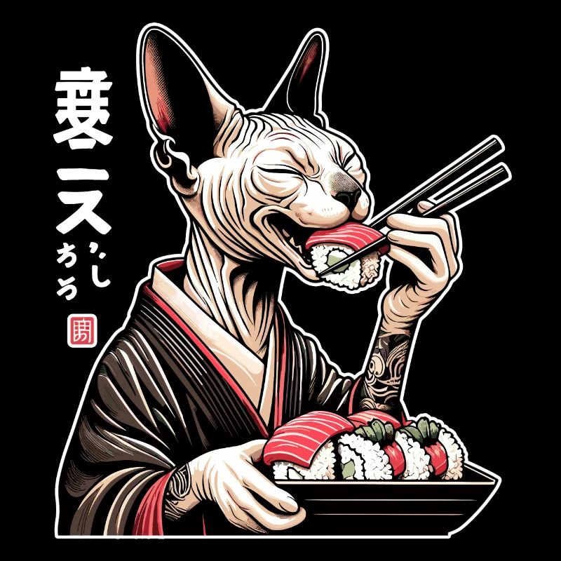 Eine glückliche Sphynx Katze, die im Kimono Sushi