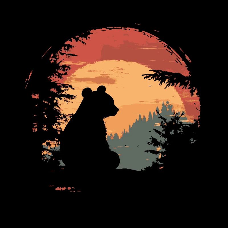 Silhouette panda assis coucher de soleil vintage
