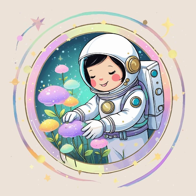 Fille astronaute avec des champignons - Conception spatiale mignonne