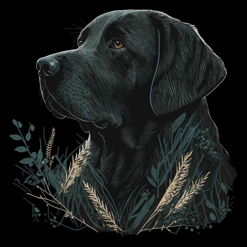 Dark Labrador Retriever in Blättern