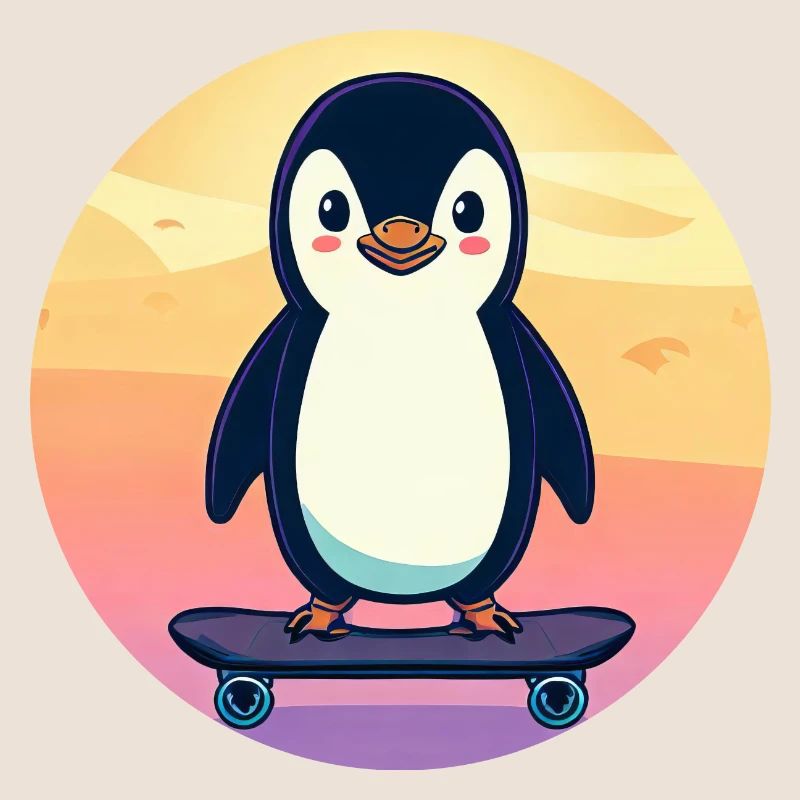 Pingouin mignon sur une planche à roulettes au coucher du soleil
