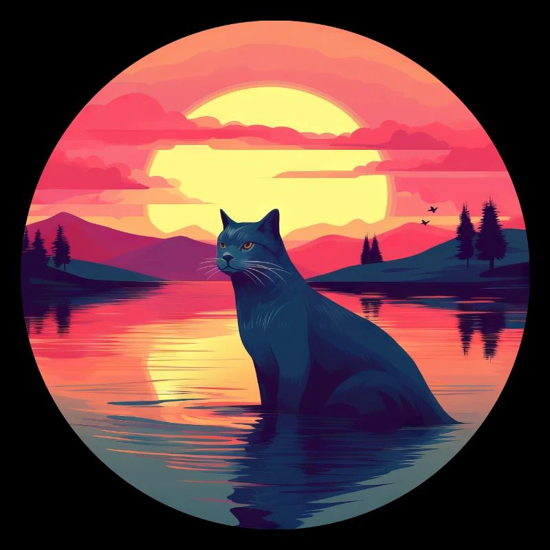 Coucher de soleil sur le chat dans l’eau