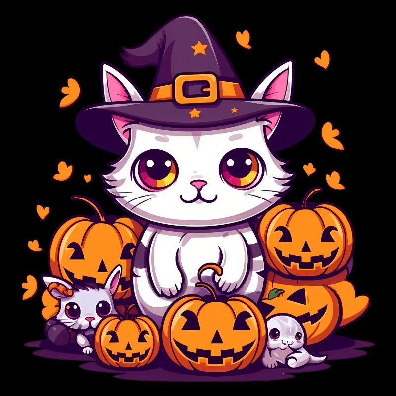 Mignon chat d’Halloween et citrouilles