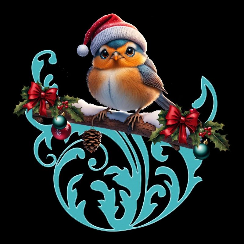 Cute Christmas bird sitting on a covered branch