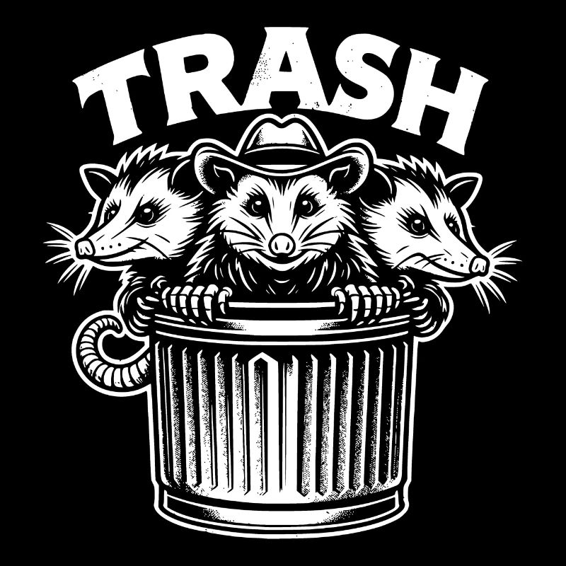 Trash gang three possums look out of the garbage can