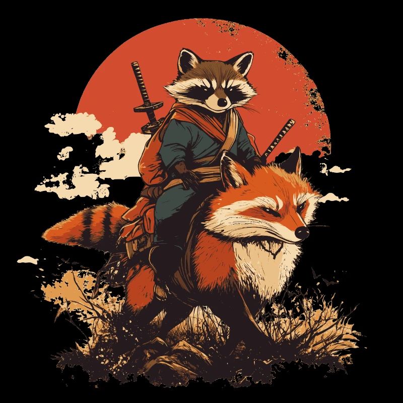 Raccoon Samurai Rides Fox Japan