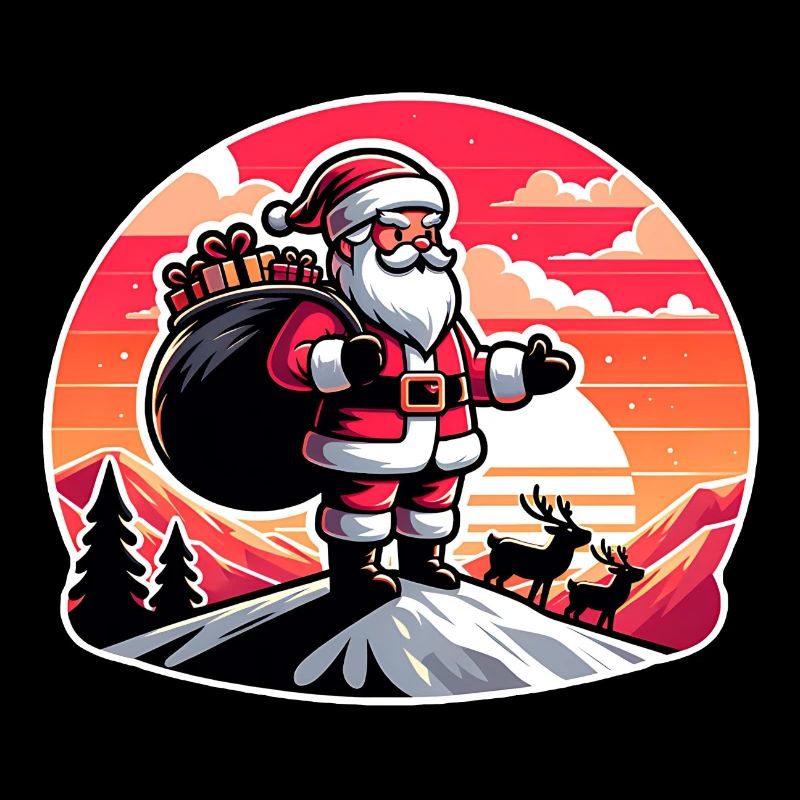 Weihnachtsmann mit Rentieren auf Bergspitze