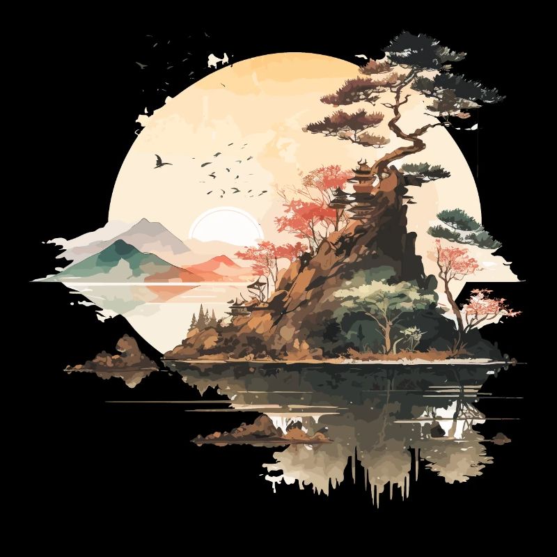 Coucher de soleil japonais - Illustration à l’aquarelle