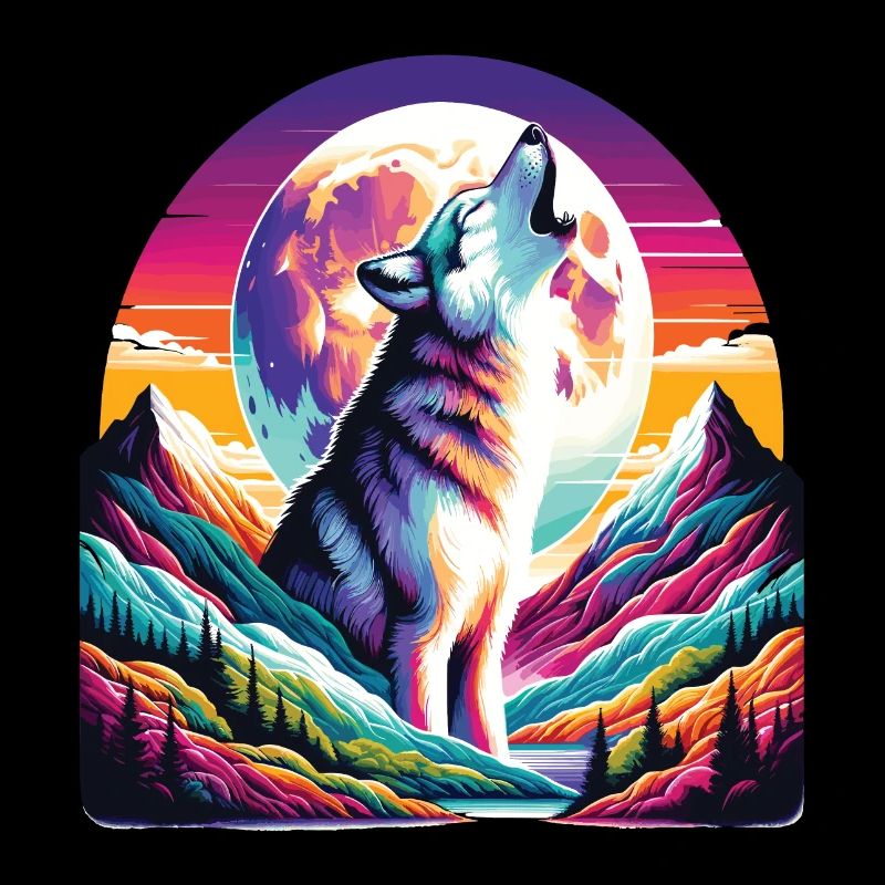 Wolf howling under the colorful moon
