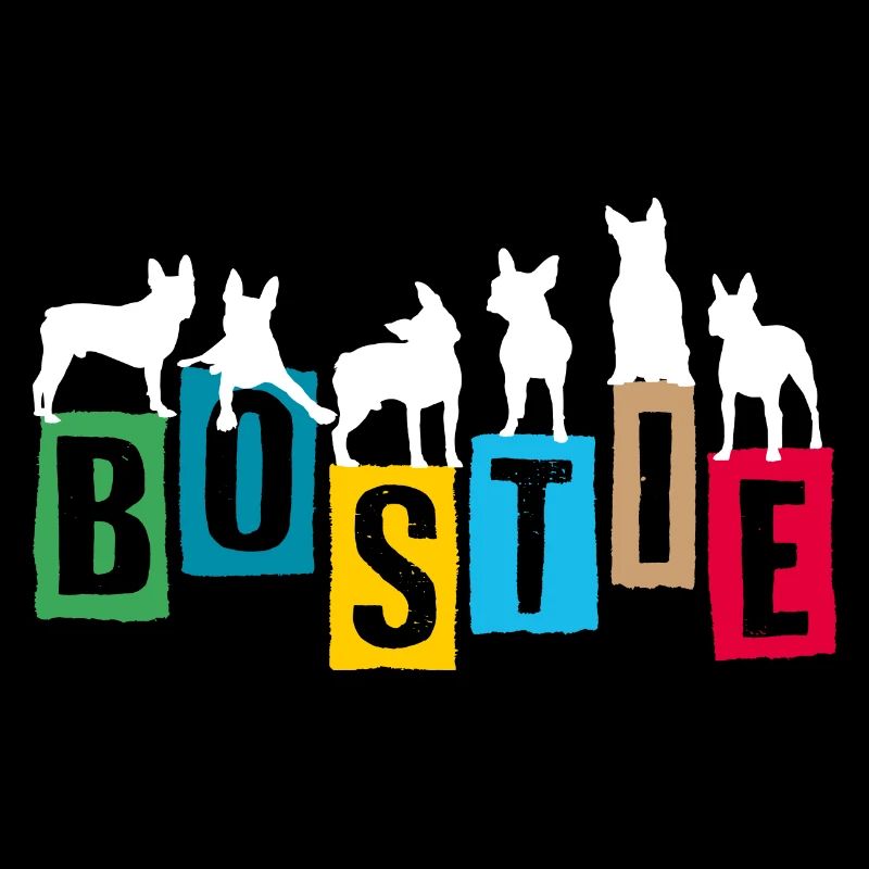 Boston Terrier bunte Buchstaben und Silhouetten