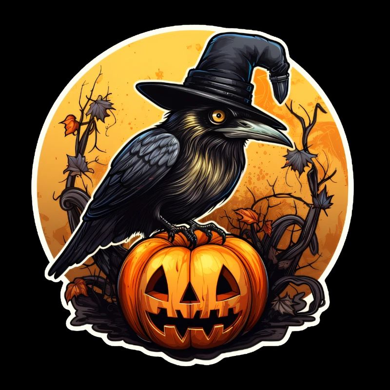 Halloween raven with witch hat on pumpkin