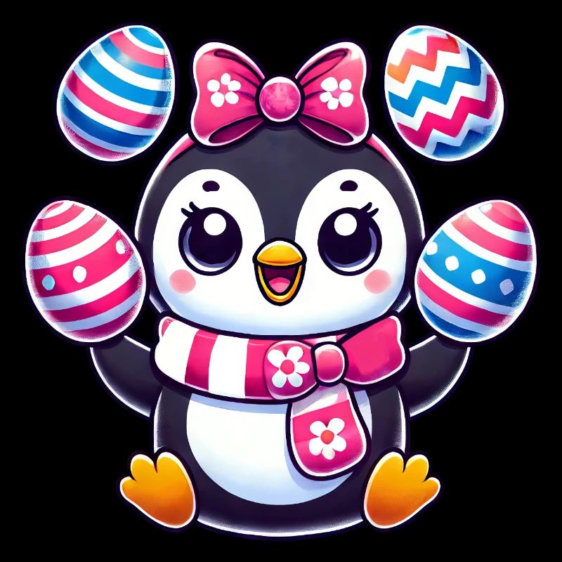 Easter penguin juggles colorful Easter eggs