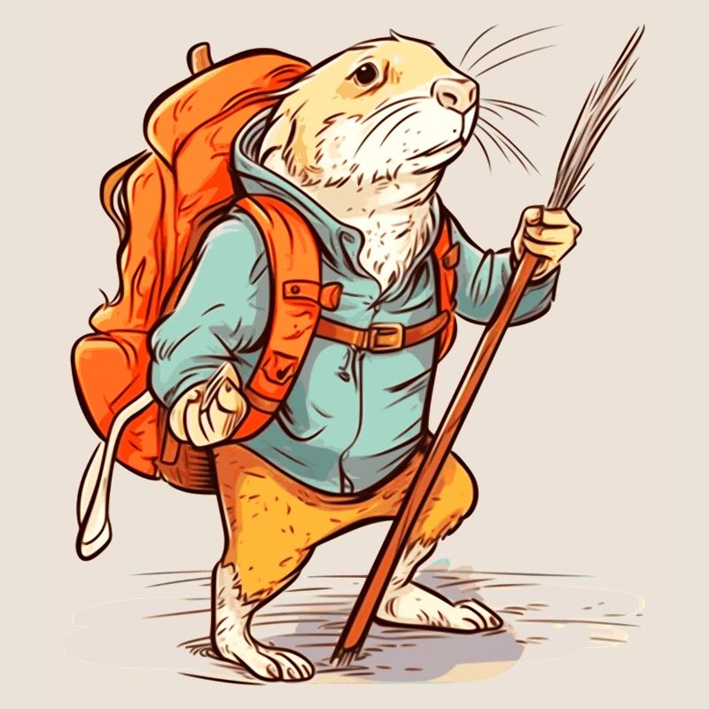 Mole rat as a hiker with stick and backpack