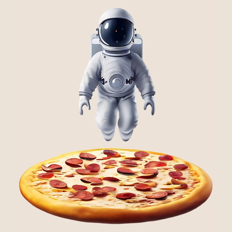 Hovering astronaut over pizza